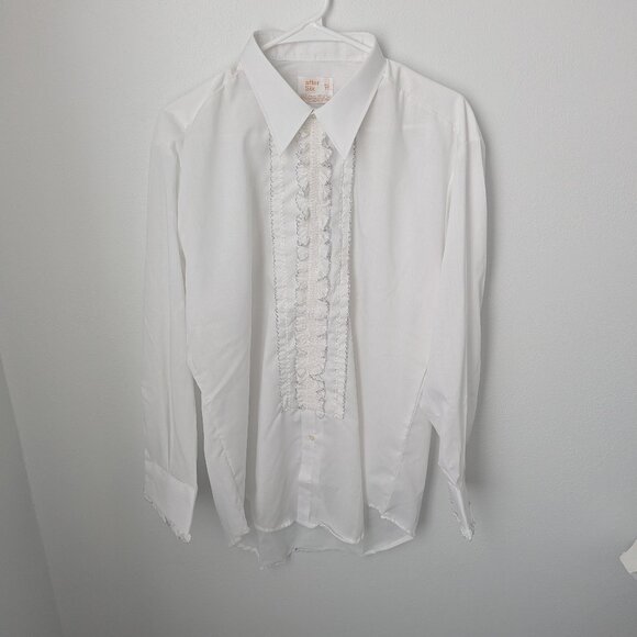 Vintage After Six Men's White 70s Blue Ruffle Tux Shirt, 16.5/33 - Picture 1 of 6
